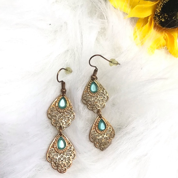 Tear Drop Gold Tone Dangle Earrings - Picture 6 of 7